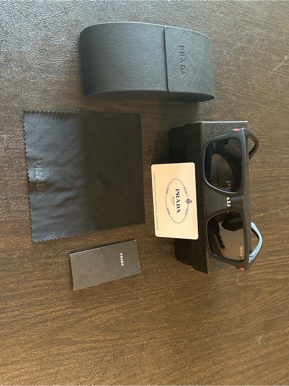 Prada Men’s Black Rectangular Sunglasses with Case and Cloth